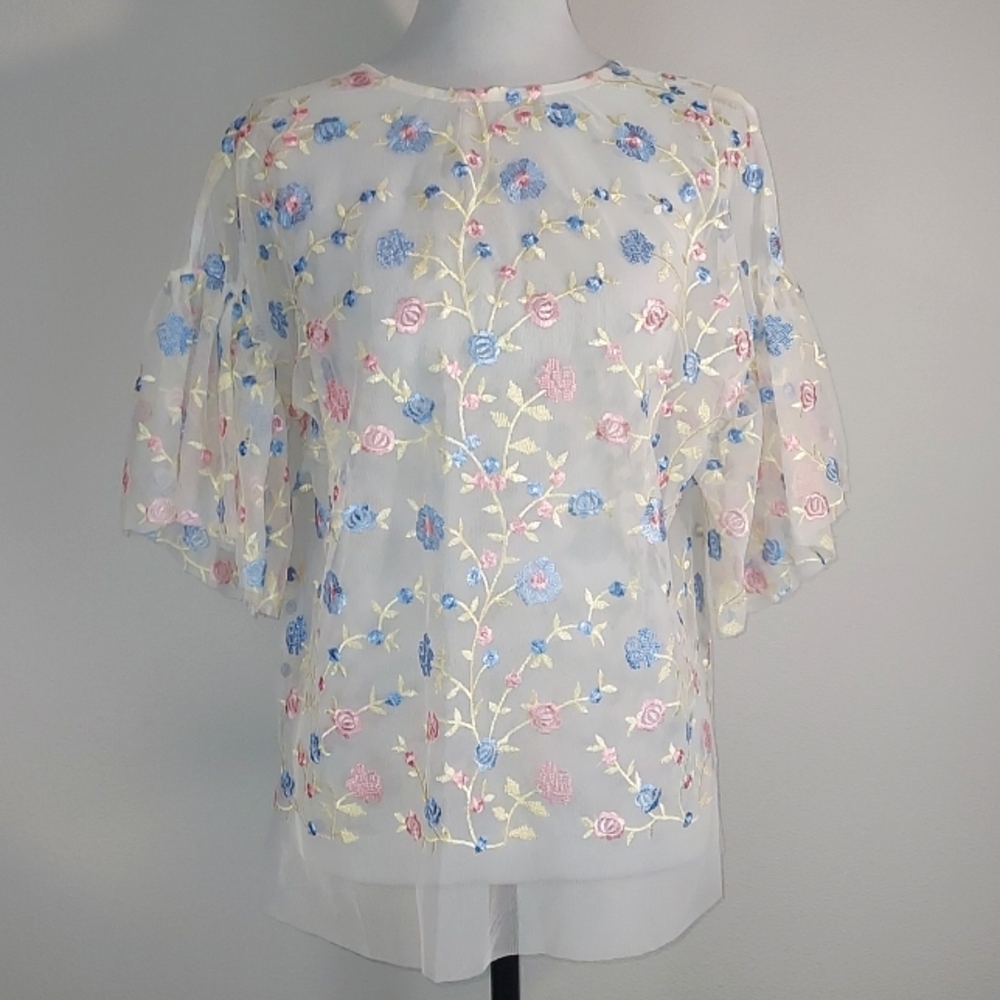 Ups & Downs White Sheer Pastel Floral Flounce Sleeve Embroidered Top Size XL